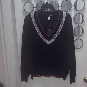 🌺KARL LAGERFELD V-Neck Sweater in Black with Silver and Red Trim